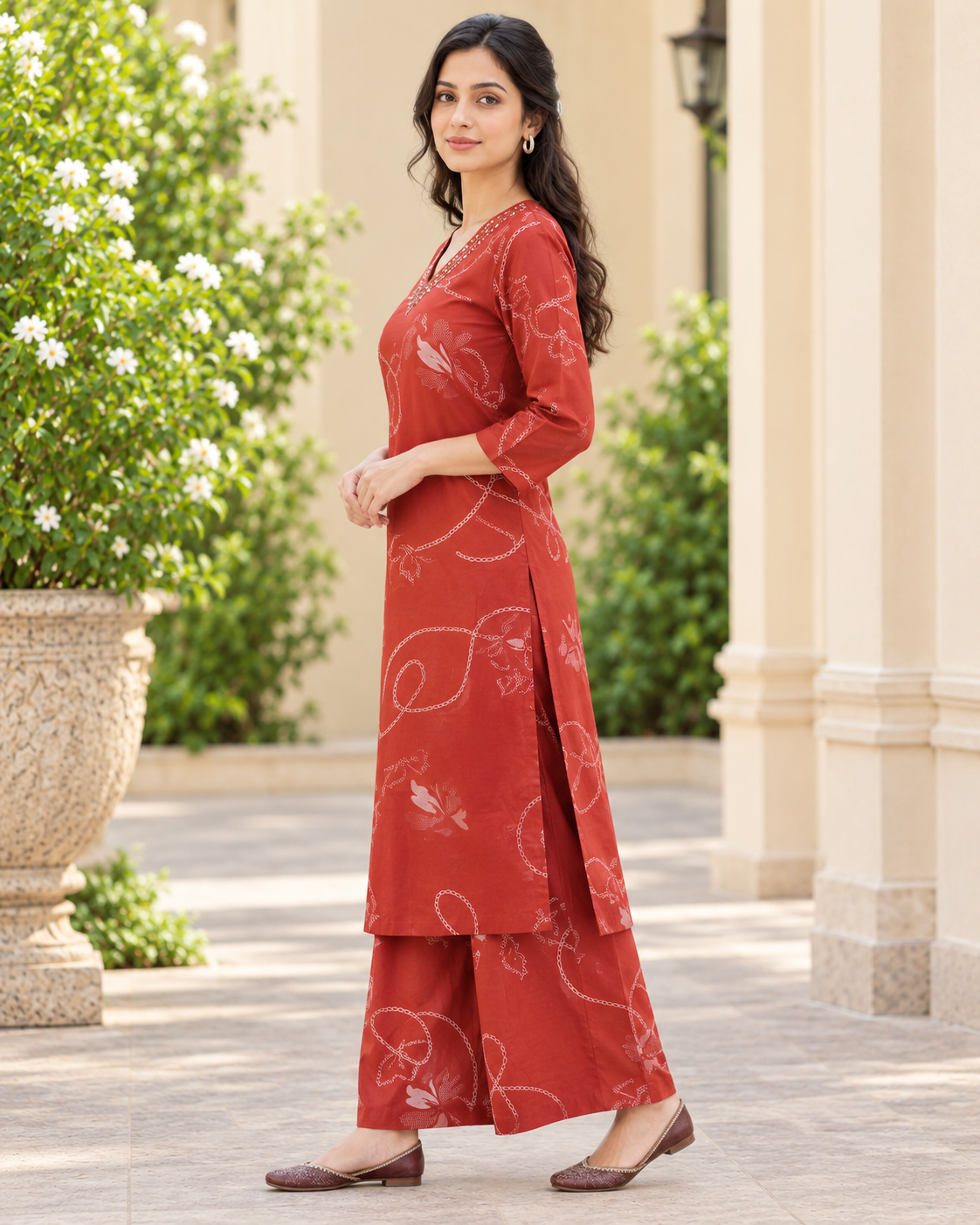 Rust Red Floral Printed Kurta Palazzo Set