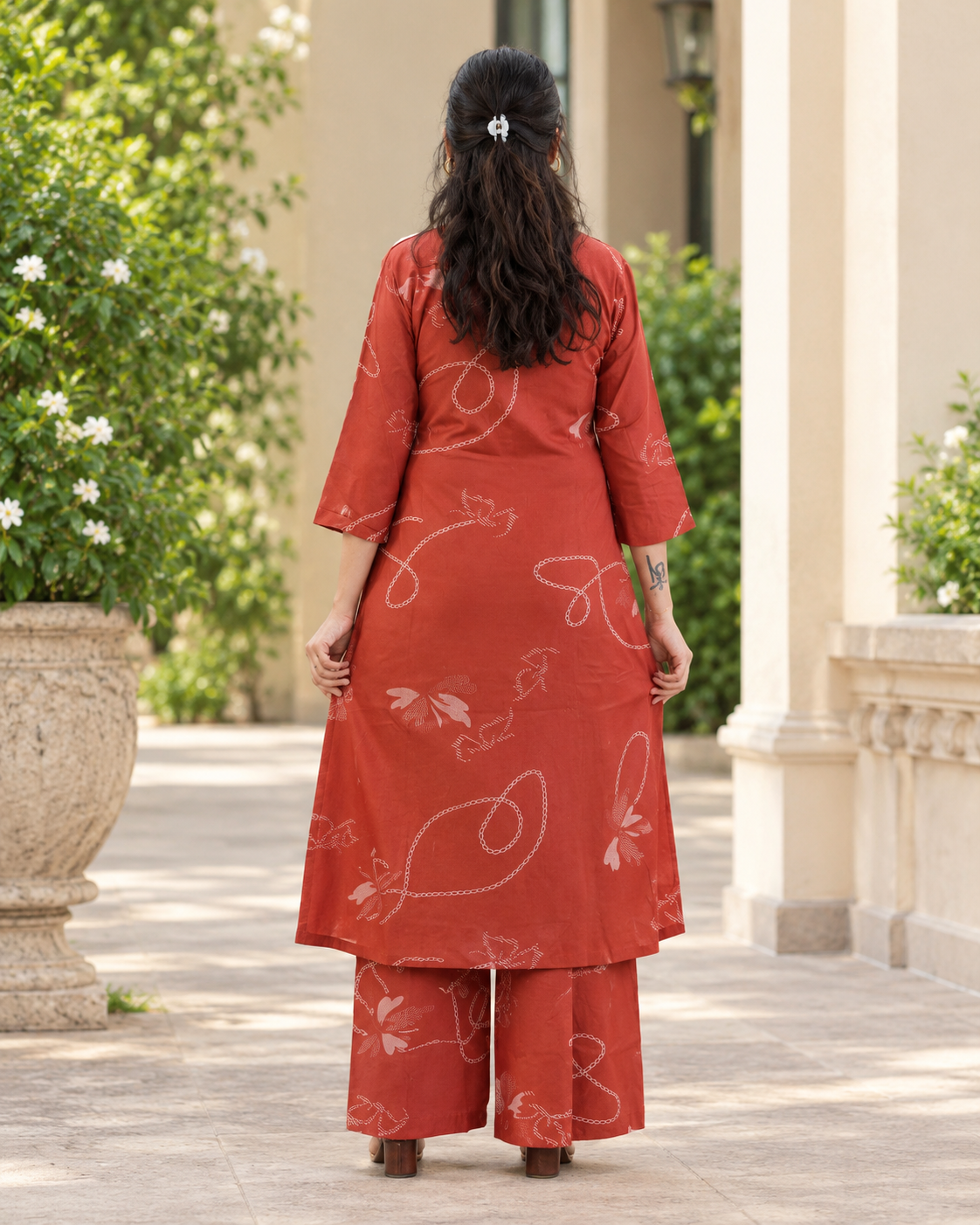 Rust Red Floral Printed Kurta Palazzo Set