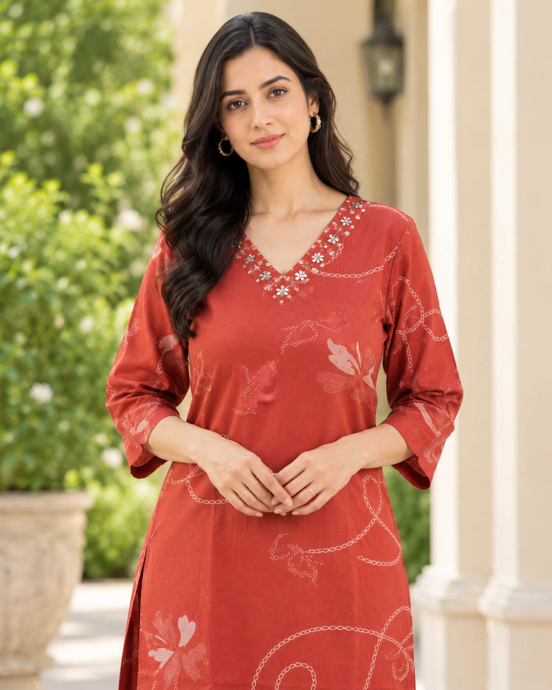 Rust Red Floral Printed Kurta Palazzo Set