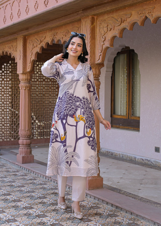 Blush Pink Mal Cotton Co-ord Set with Indigo-Purple & Mustard Botanical Print