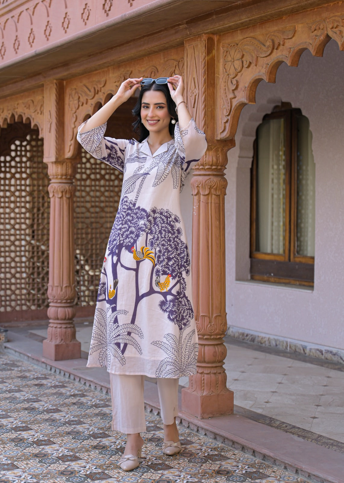 Blush Pink Mal Cotton Co-ord Set with Indigo-Purple & Mustard Botanical Print