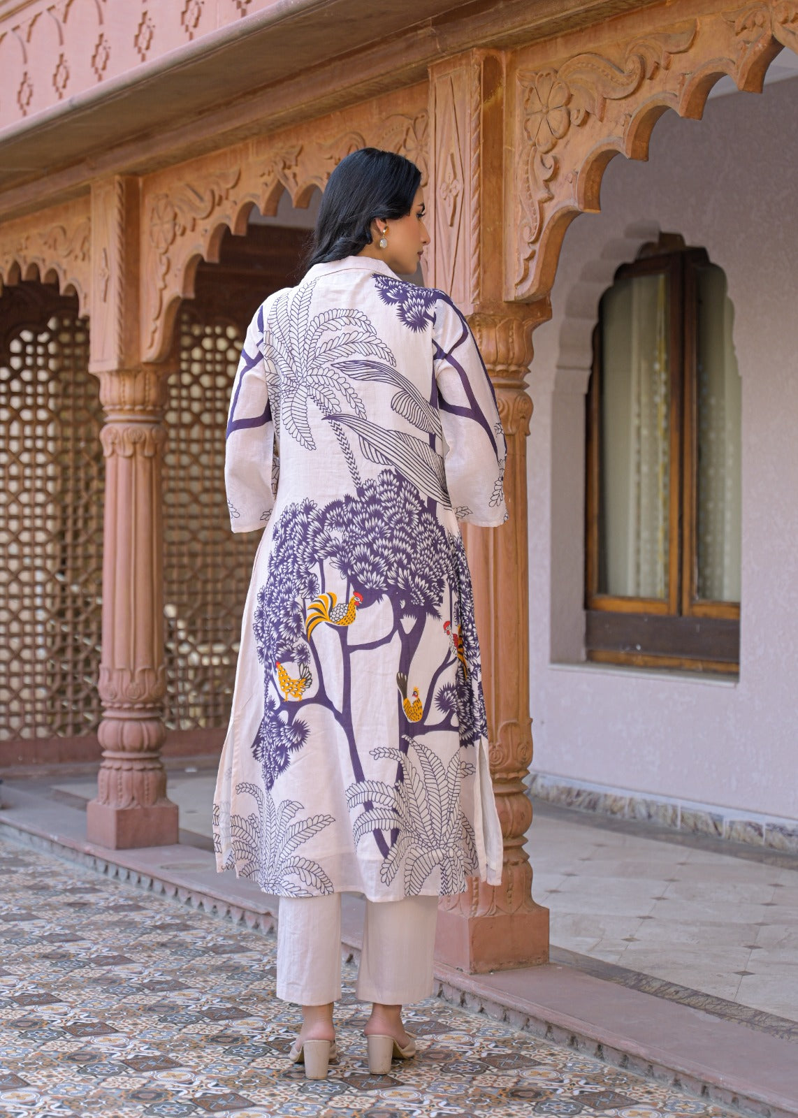 Blush Pink Mal Cotton Co-ord Set with Indigo-Purple & Mustard Botanical Print