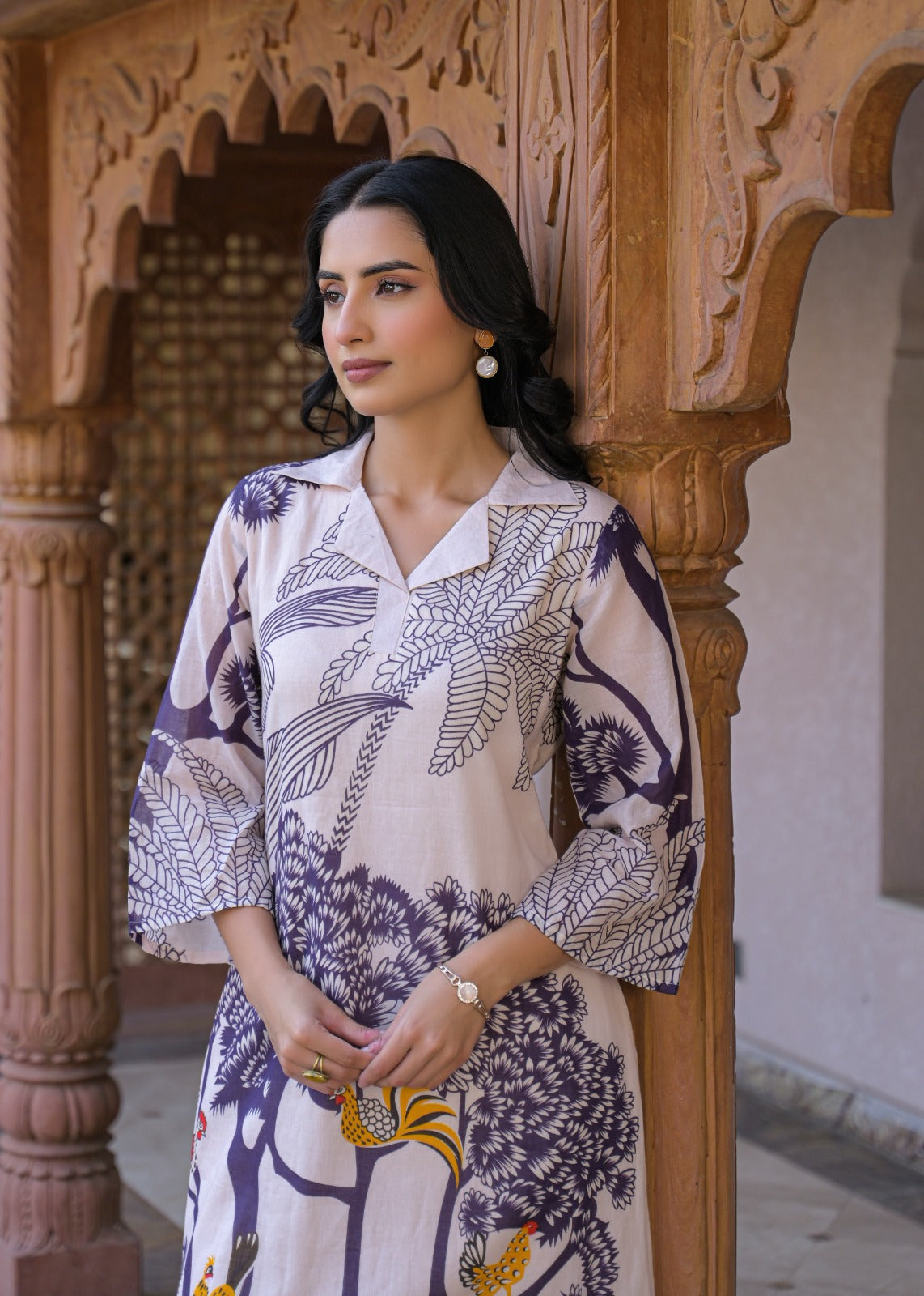 Blush Pink Mal Cotton Co-ord Set with Indigo-Purple & Mustard Botanical Print