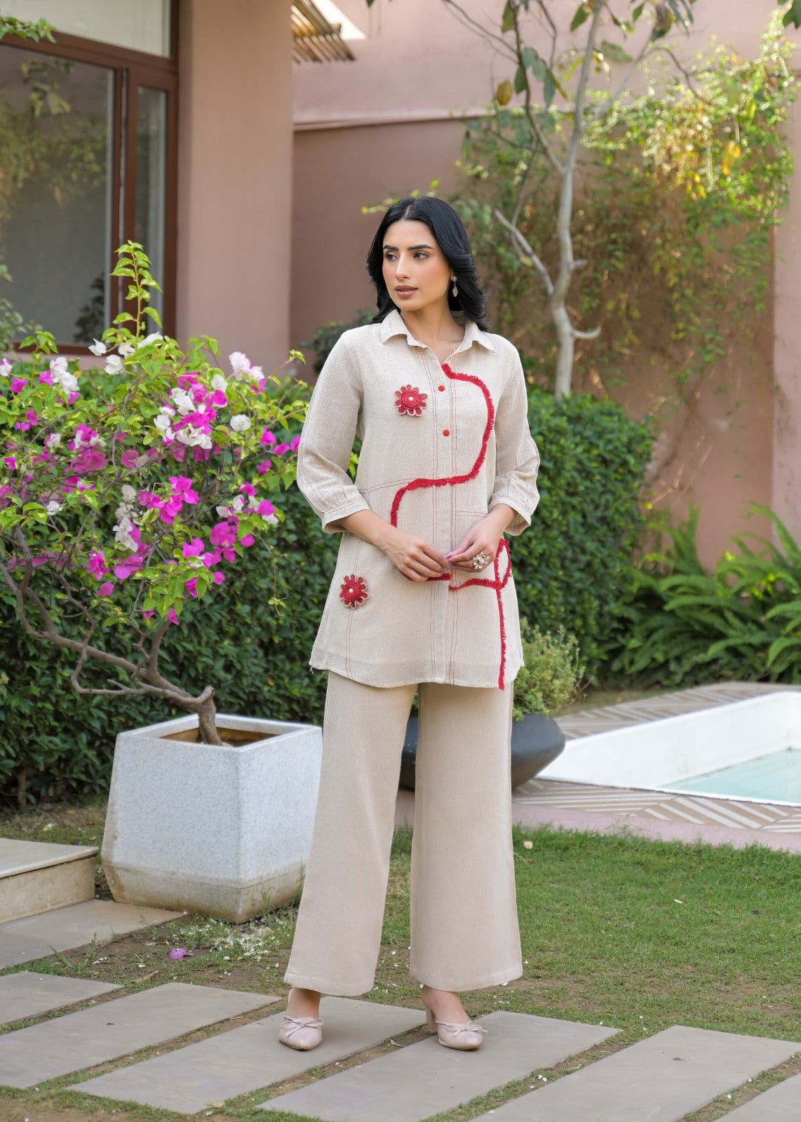 Premium Jute Cotton Co-ord Set with Red Embroidery & Wide-Leg Pants