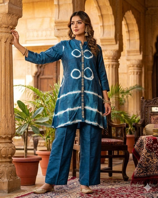 Deep Indigo Dola Silk Co-ord Set with White Embroidery & Wide-Leg Pants