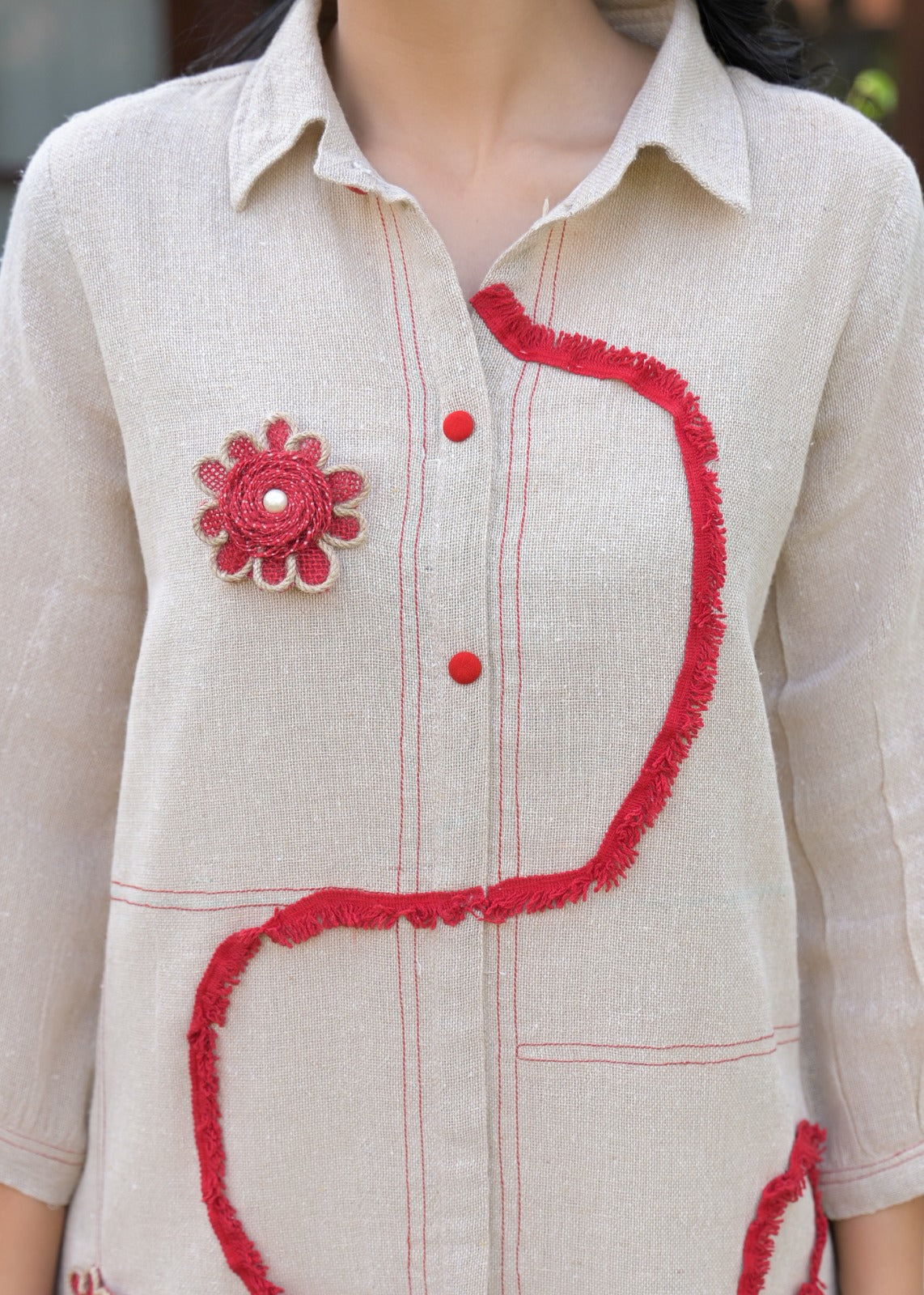 Premium Jute Cotton Co-ord Set with Red Embroidery & Wide-Leg Pants