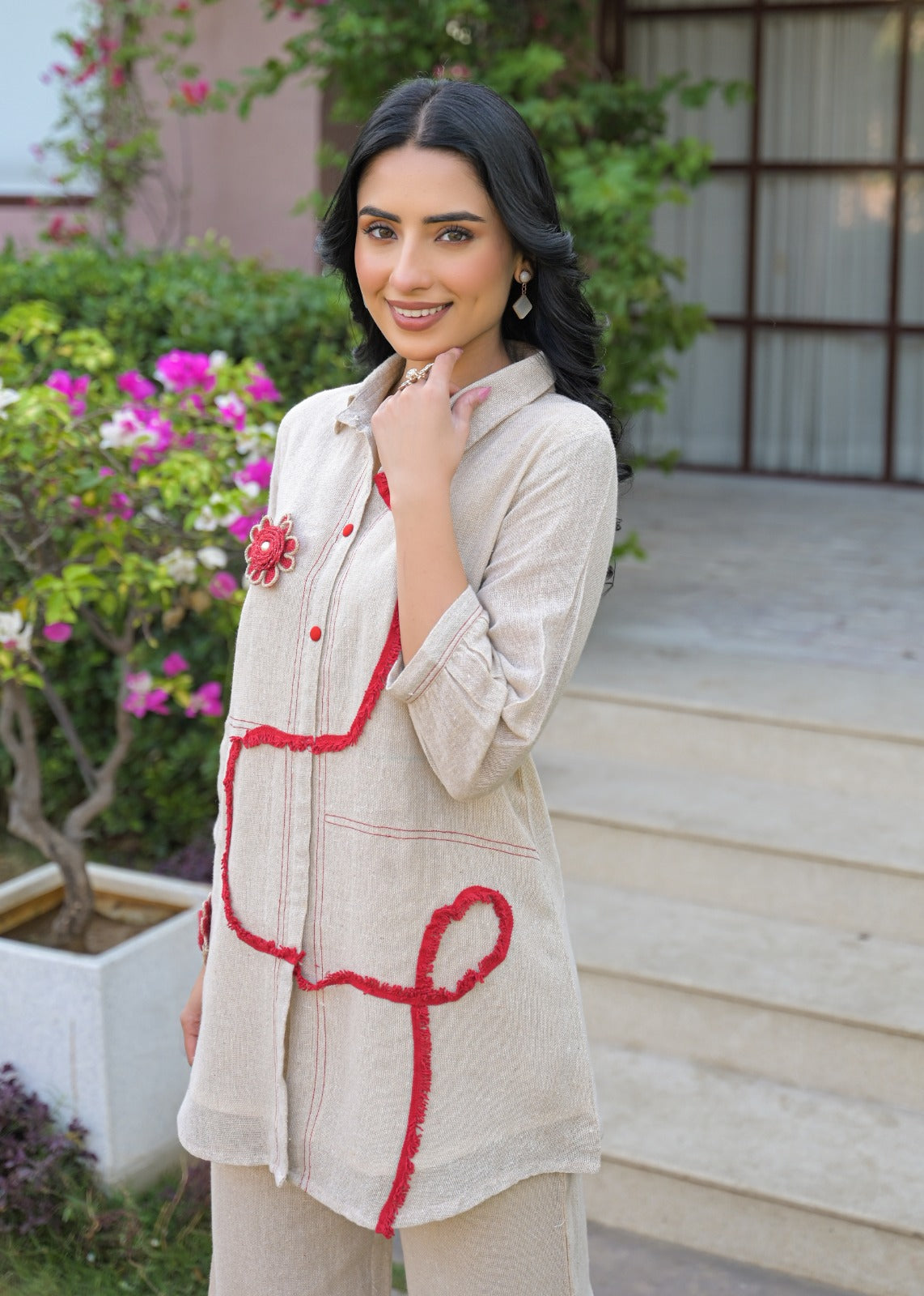 Premium Jute Cotton Co-ord Set with Red Embroidery & Wide-Leg Pants