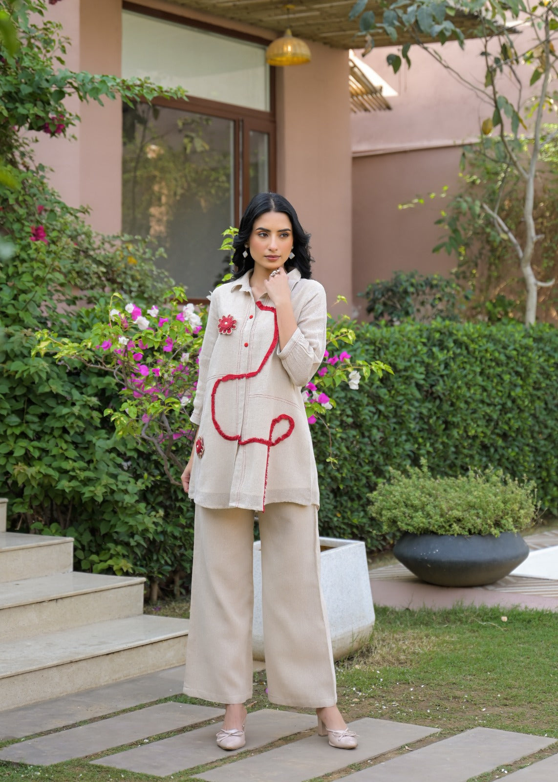 Premium Jute Cotton Co-ord Set with Red Embroidery & Wide-Leg Pants