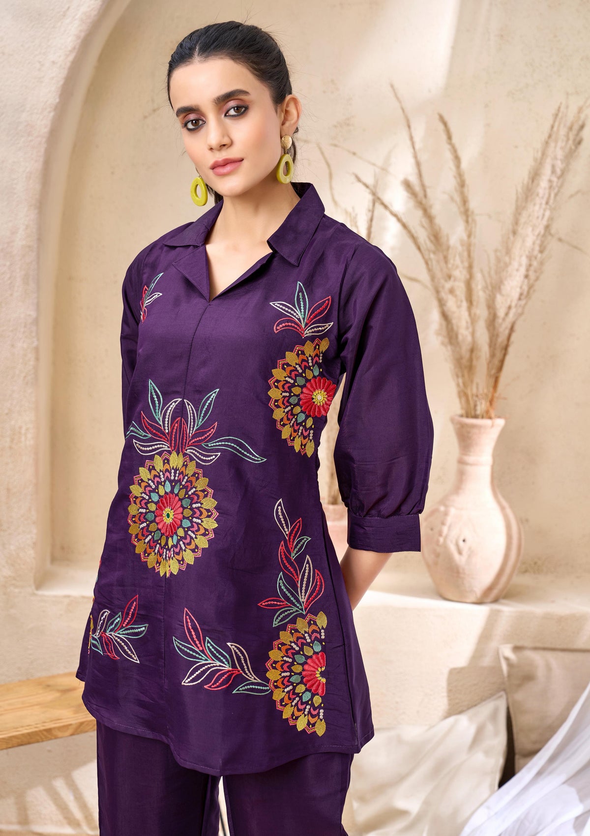 Deep Purple Multi colour Embroidered Roman Silk Co-ord Set