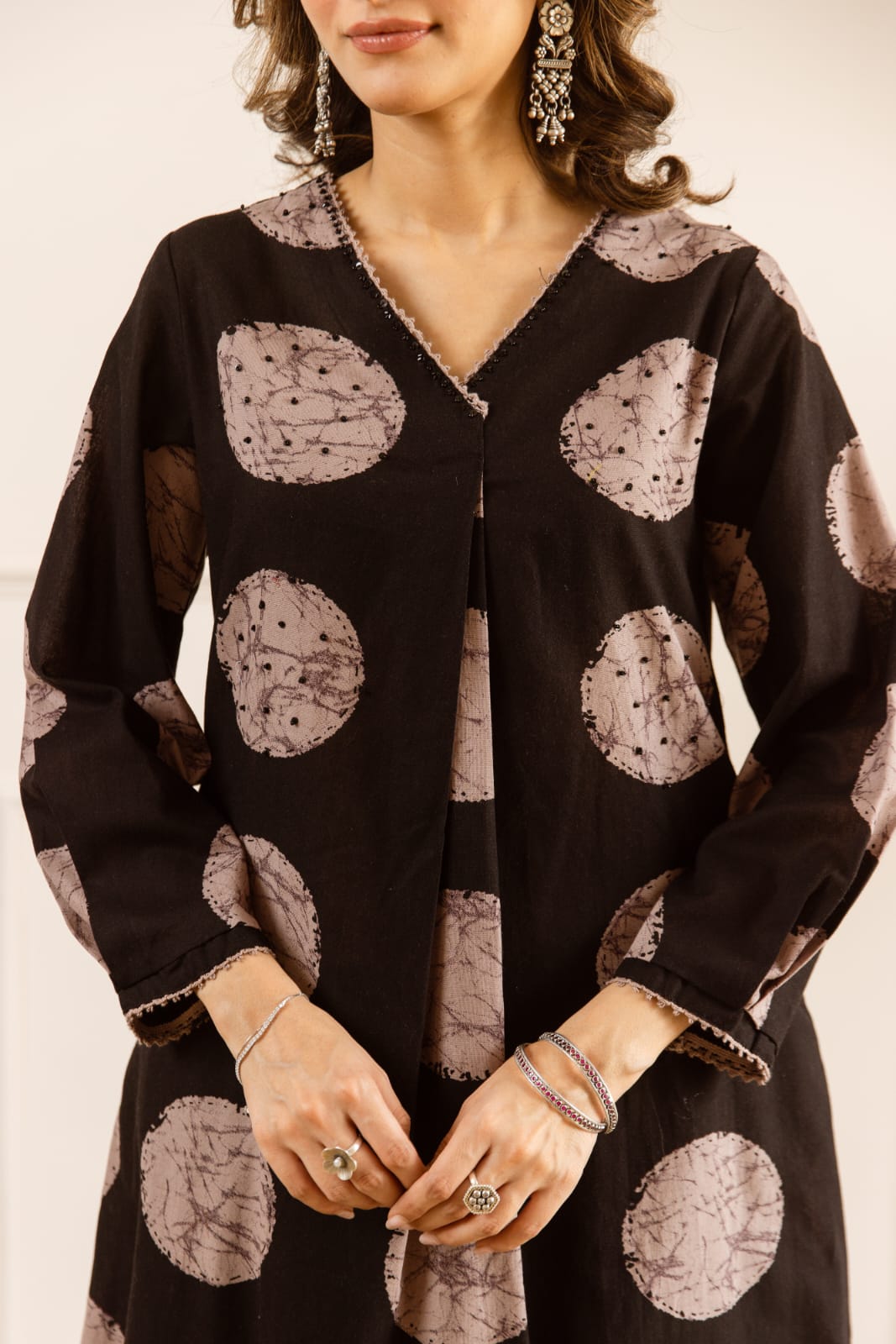 Black Flex Cotton Printed Kurta Palazzo Set with Beige Circular Patterns