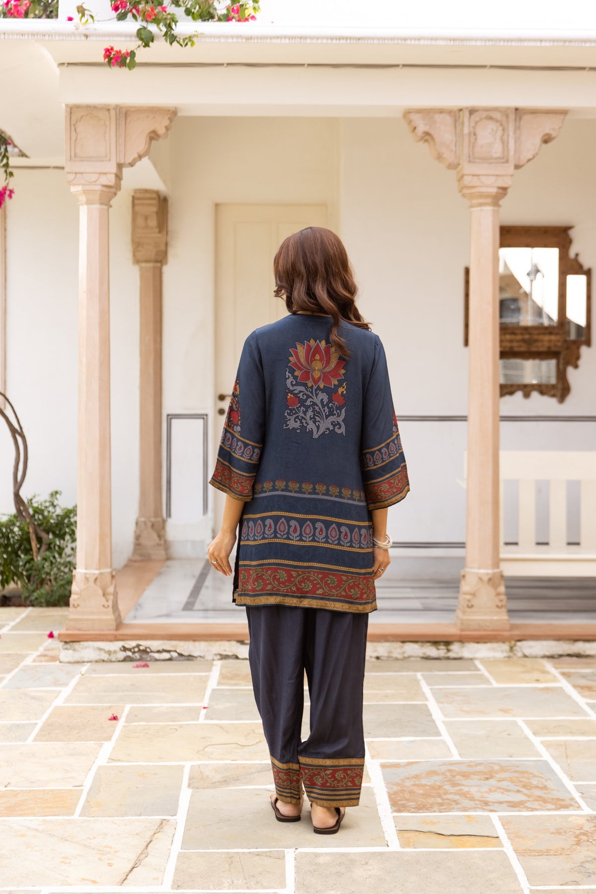 Navy Blue Printed Poly Crepe Farshi Co-ord Set with Multicolor Ethnic Motifs