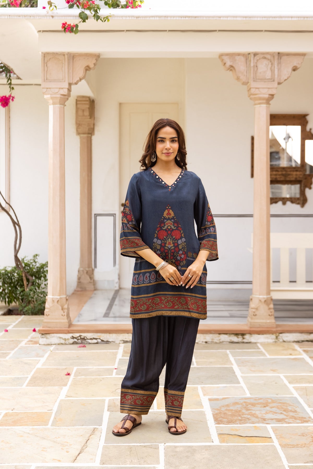 Navy Blue Printed Poly Crepe Farshi Co-ord Set with Multicolor Ethnic Motifs