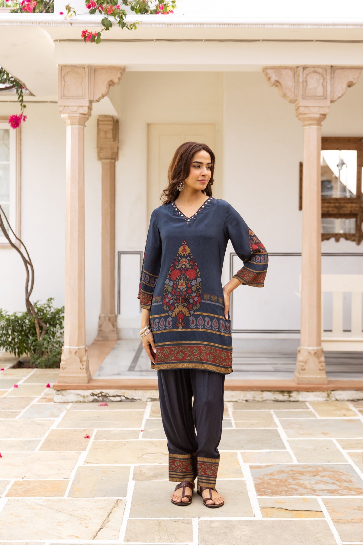 Navy Blue Printed Poly Crepe Farshi Co-ord Set with Multicolor Ethnic Motifs
