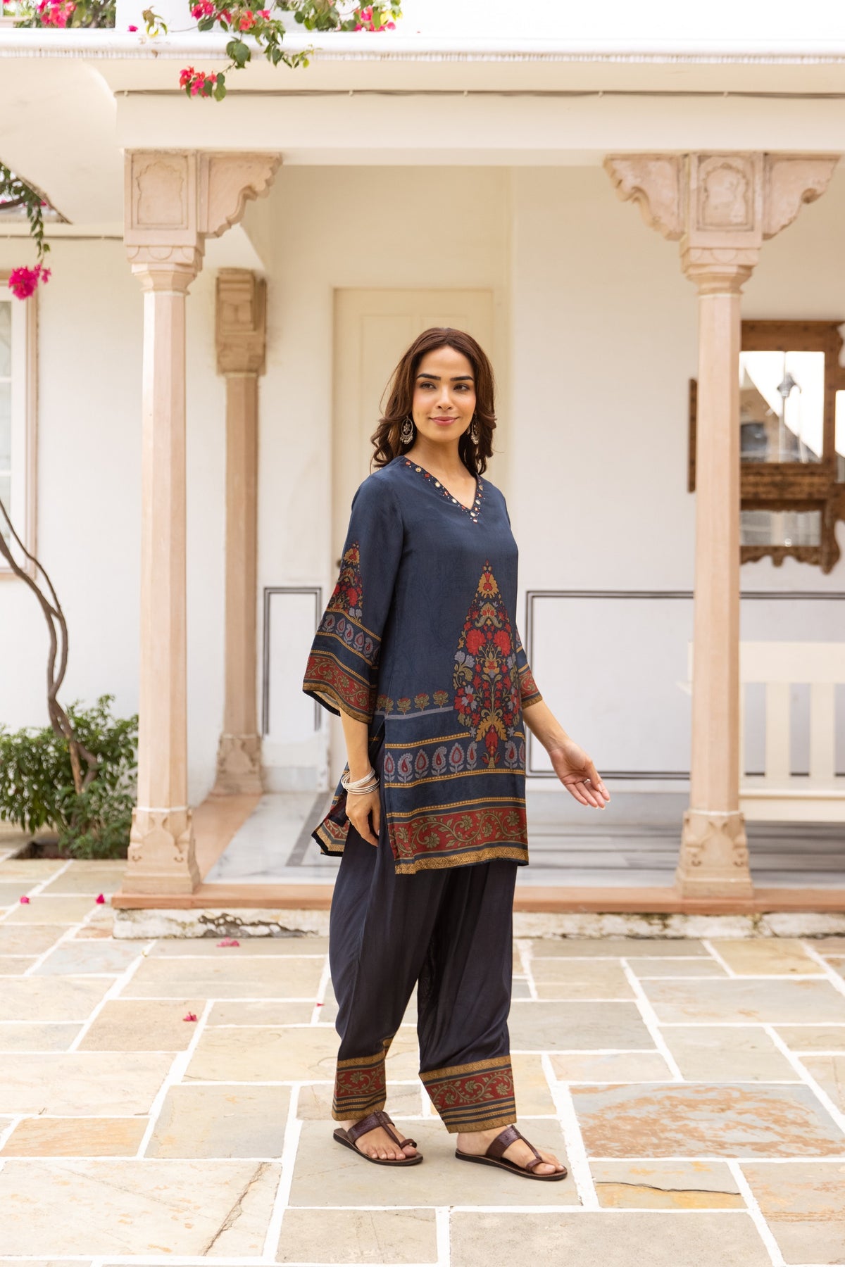 Navy Blue Printed Poly Crepe Farshi Co-ord Set with Multicolor Ethnic Motifs