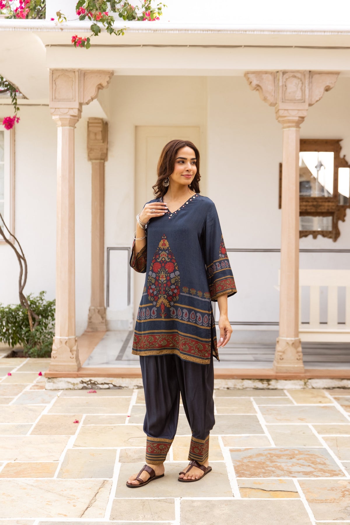 Navy Blue Printed Poly Crepe Farshi Co-ord Set with Multicolor Ethnic Motifs