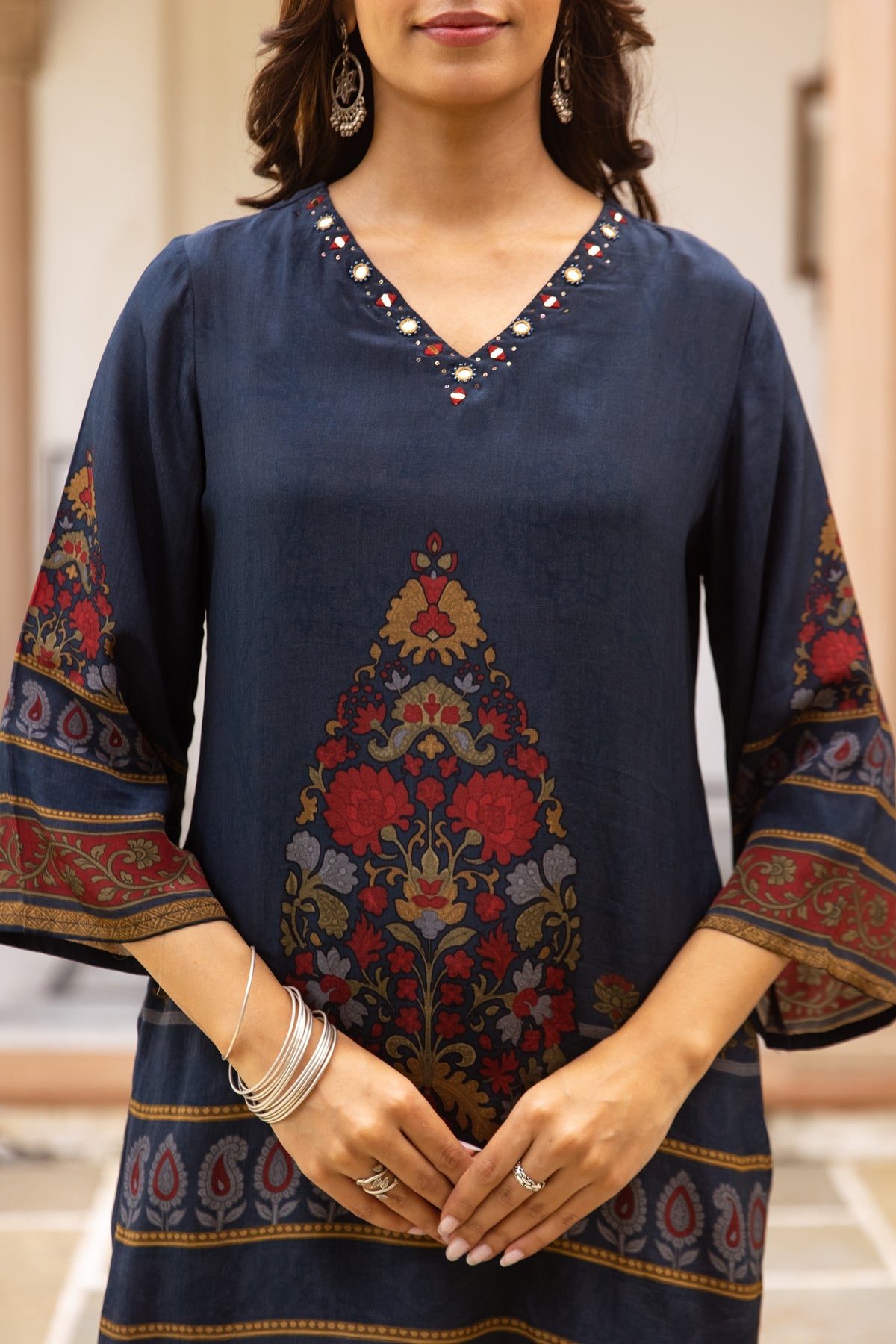 Navy Blue Printed Poly Crepe Farshi Co-ord Set with Multicolor Ethnic Motifs